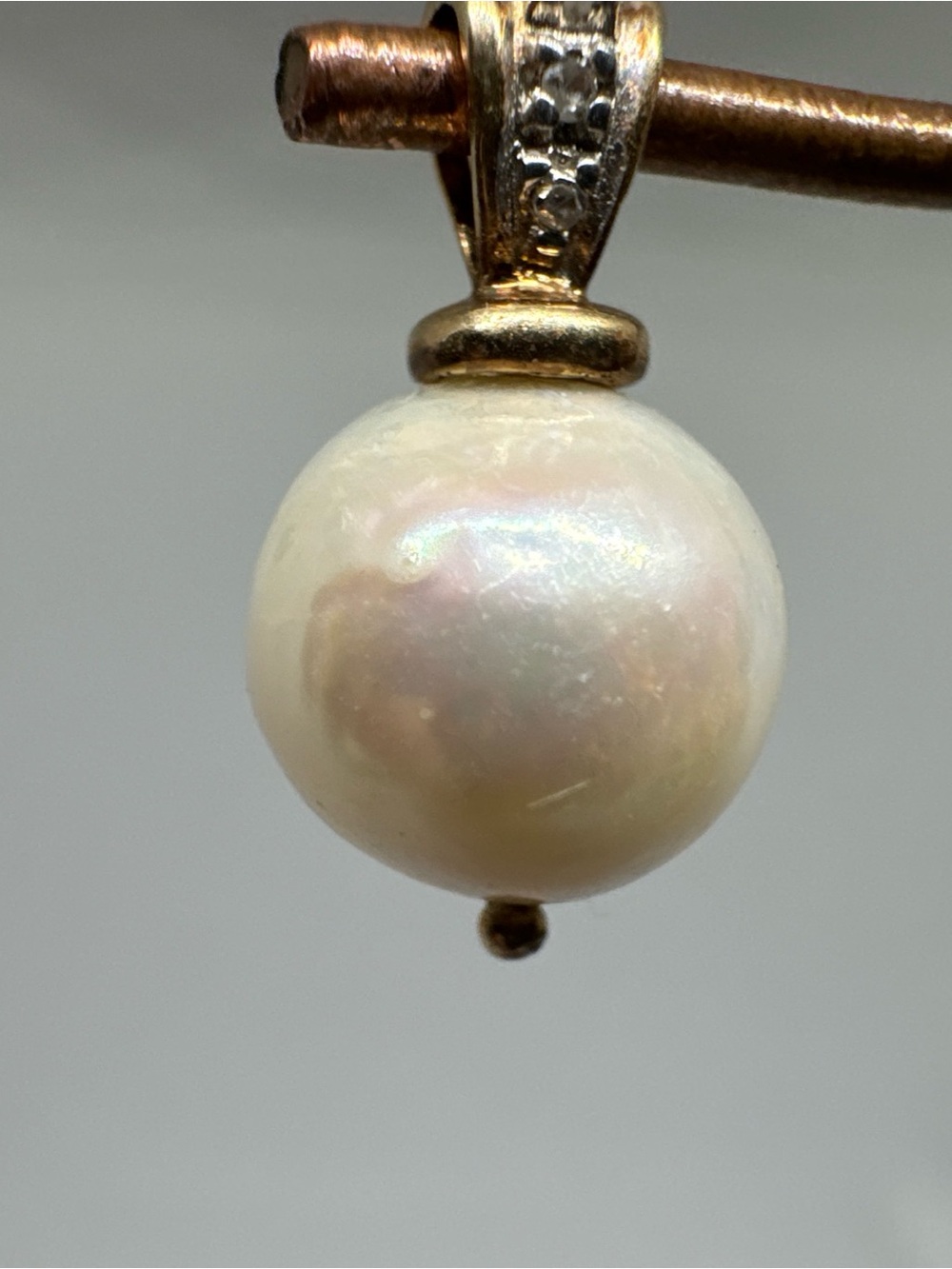 Vintage Solid 14K Yellow Gold Pendant With Diamond And Genuine 10MM Pearl - Picture 3 of 12